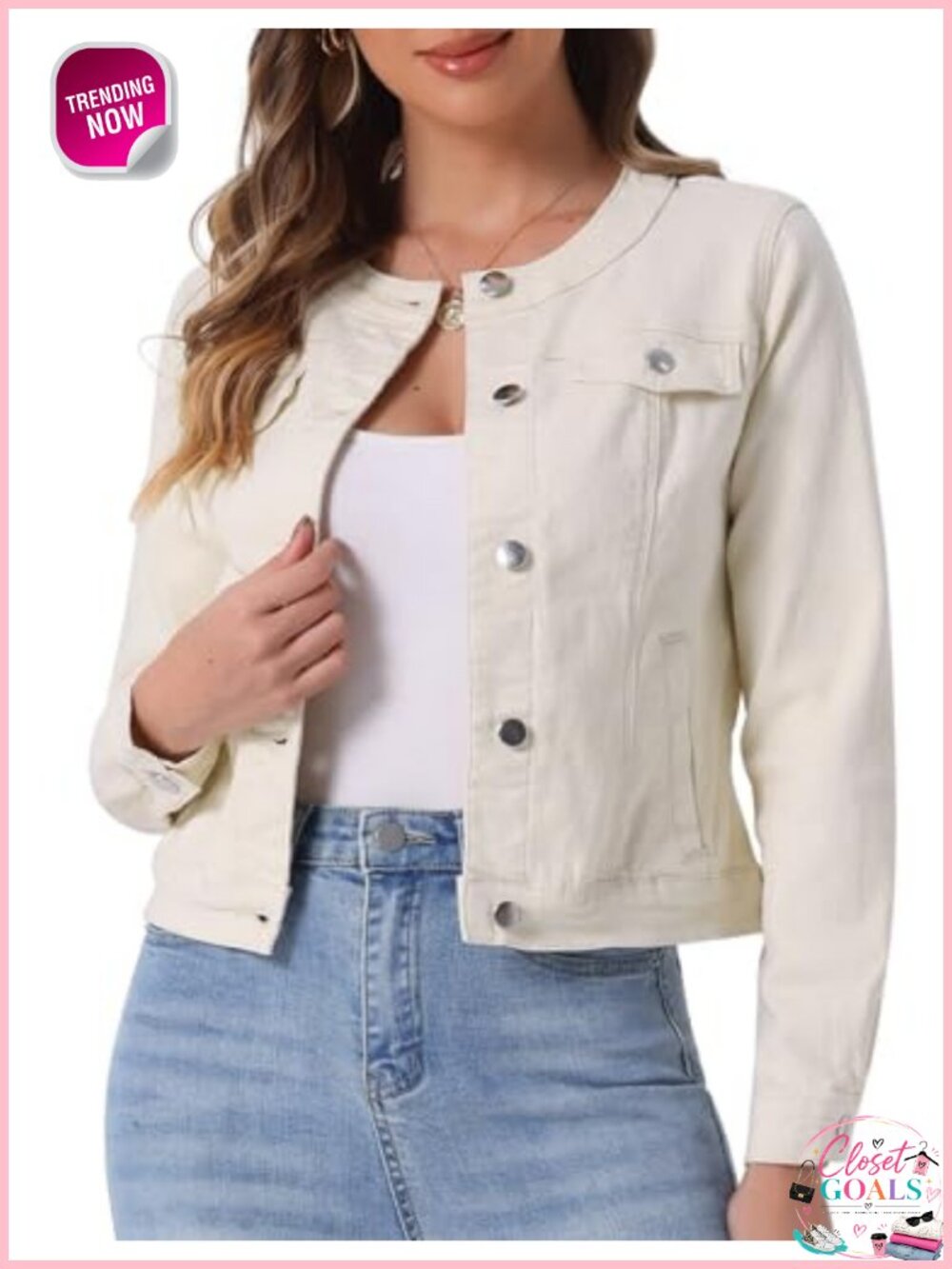 Women's Denim Jacket Collarless Round Neck Crop Jean Jacket